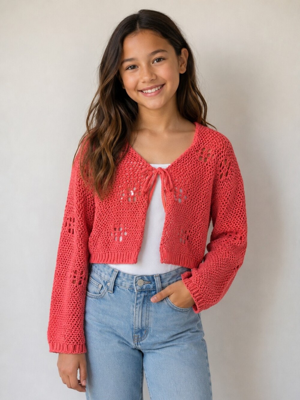 Stitch & Pine Girls Coral Crochet Knit Tie Front Cardigan Sweater M 10/12